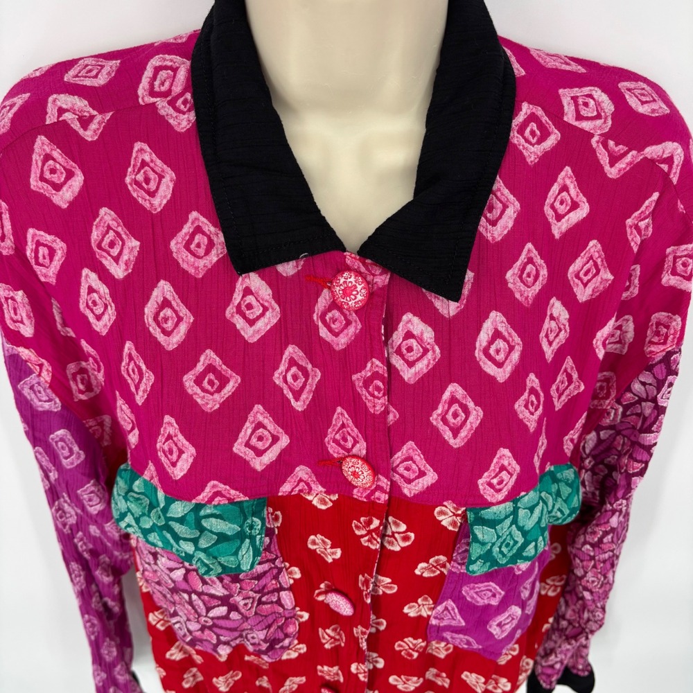 Carole Little Vintage 90s Mixed Print Crinkle Blouse Magenta Red Patchwork Sz L
